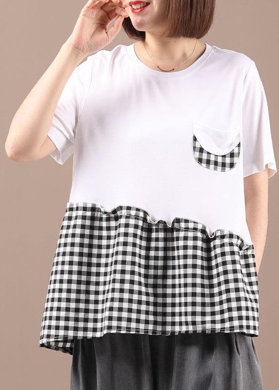 Black O-Neck Plaid Patchwork Summer Cotton Linen Shirts Short Sleeve - Omychic