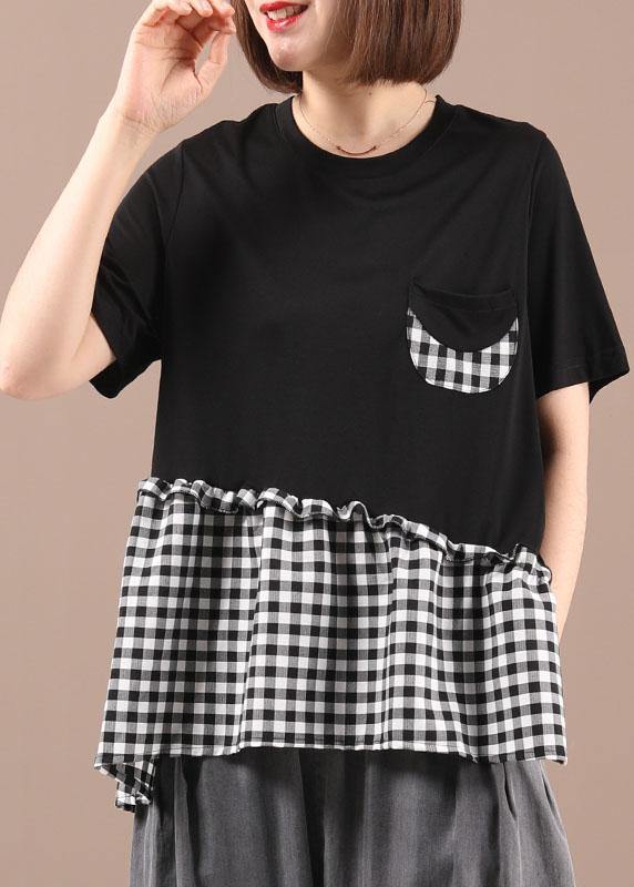 Black O-Neck Plaid Patchwork Summer Cotton Linen Shirts Short Sleeve - Omychic