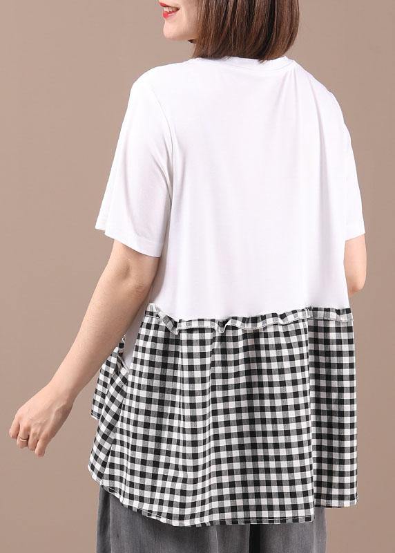 Black O-Neck Plaid Patchwork Summer Cotton Linen Shirts Short Sleeve - Omychic
