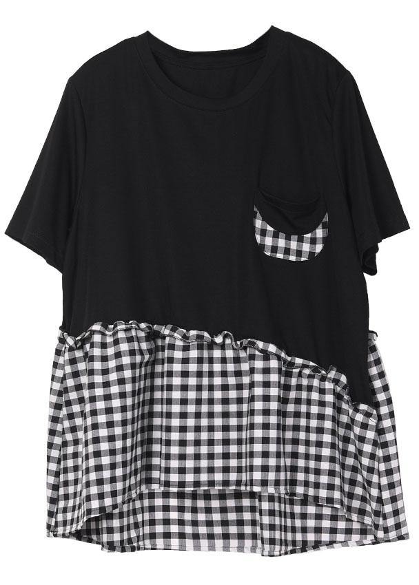 Black O-Neck Plaid Patchwork Summer Cotton Linen Shirts Short Sleeve - Omychic