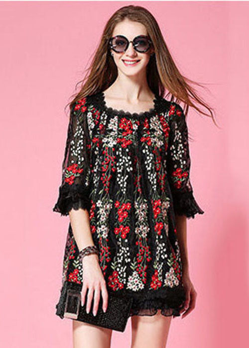 Black Organza Mini Dresses Embroideried Ruffled Spring