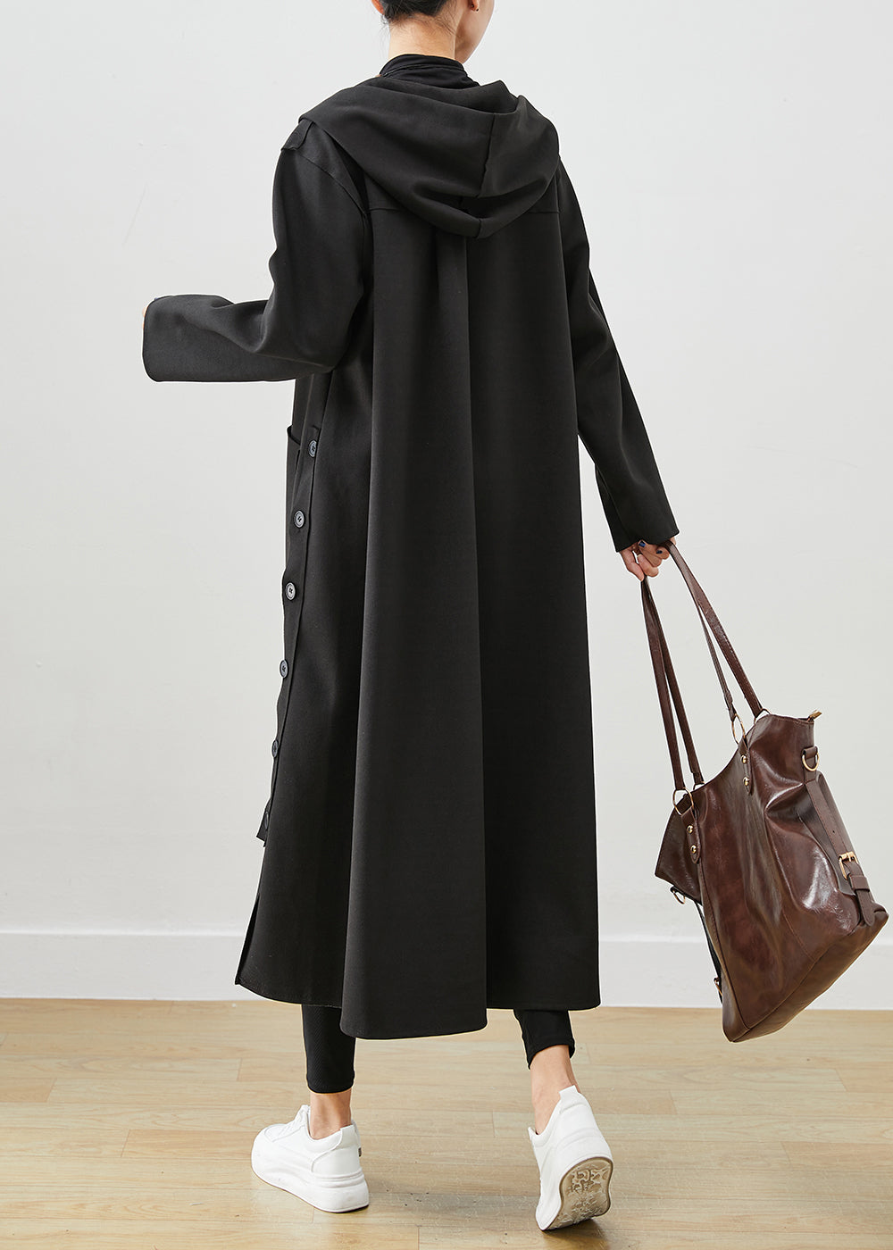 Black Oversized Cotton Coat Hooded Pockets Fall