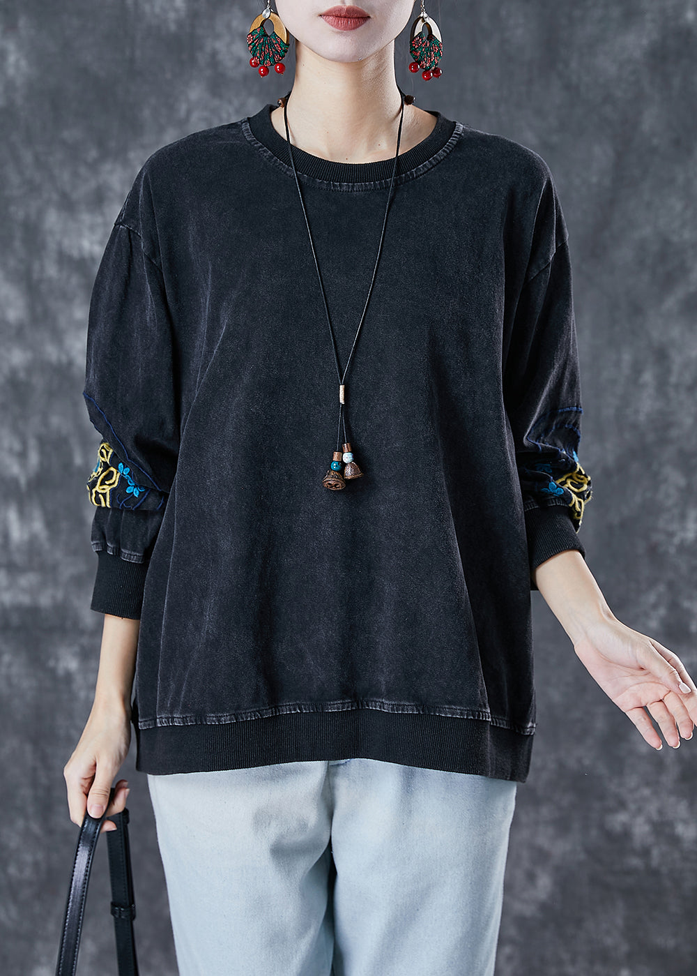 Black Oversized Cotton Pullover Sweatshirt Embroideried Fall