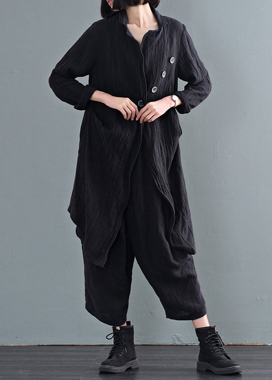 Black Oversized Linen Trench Coats Wrinkled Button Fall