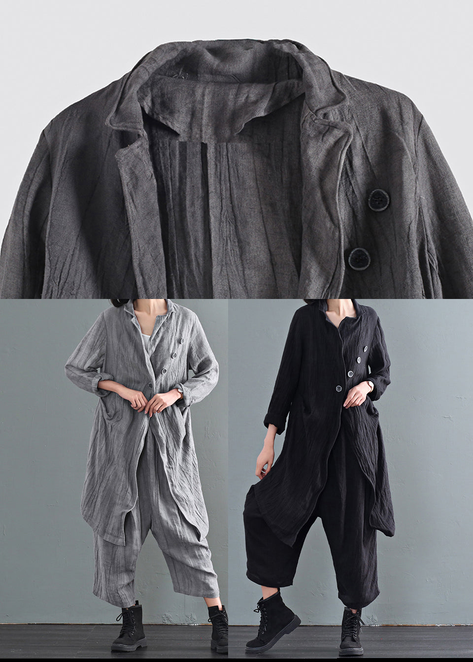 Black Oversized Linen Trench Coats Wrinkled Button Fall