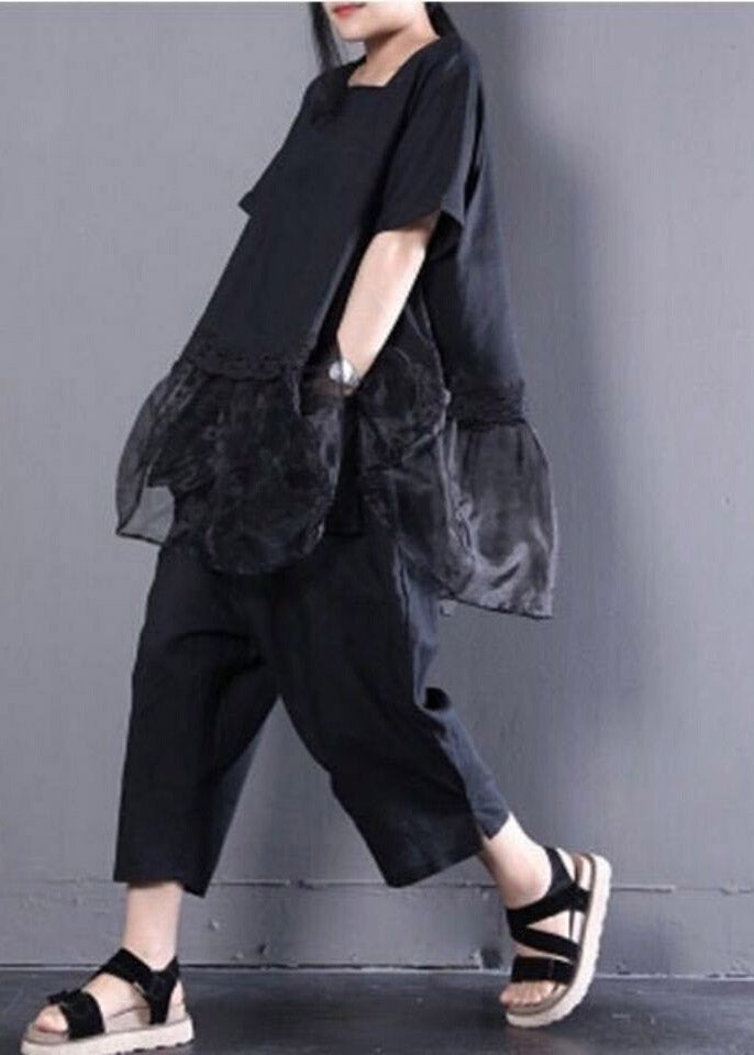 Black Oversized Organza Patchwork Top And Harm Pants Two Pieces Set Summer