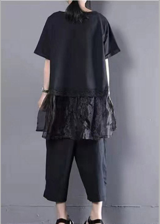 Black Oversized Organza Patchwork Top And Harm Pants Two Pieces Set Summer