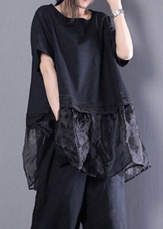 Black Oversized Organza Patchwork Top And Harm Pants Two Pieces Set Summer