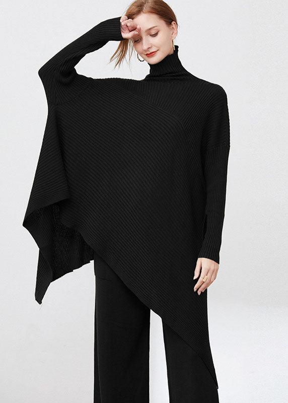 Black Oversized Wool Sweaters Asymmetrical Design Long Sleeve