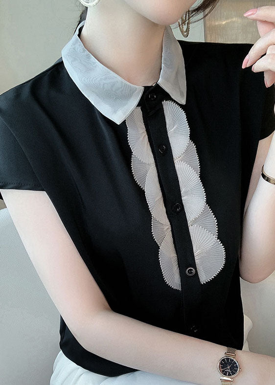 Black Patchwork Chiffon Shirt Top Peter Pan Collar Button Short Sleeve