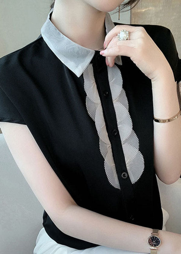 Black Patchwork Chiffon Shirt Top Peter Pan Collar Button Short Sleeve