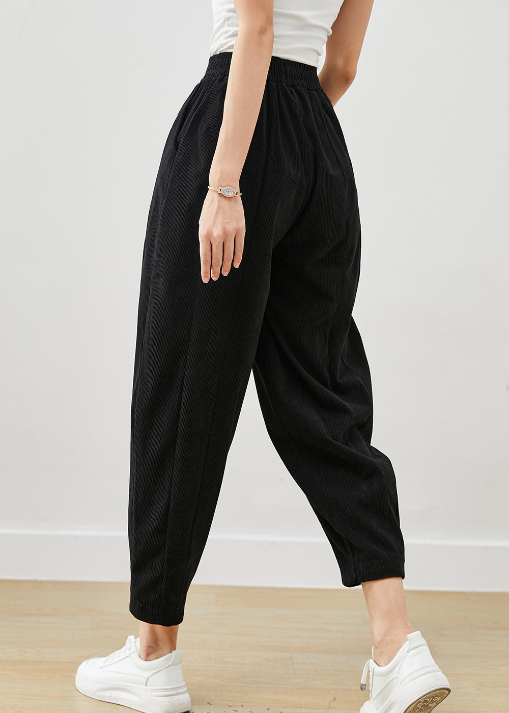 Black Patchwork Corduroy Harem Pants Oversized Pockets Winter