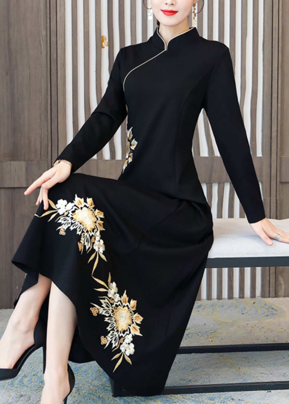 Black Patchwork Cotton Dresses Embroideried Stand Collar Fall