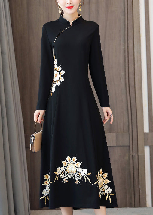 Black Patchwork Cotton Dresses Embroideried Stand Collar Fall