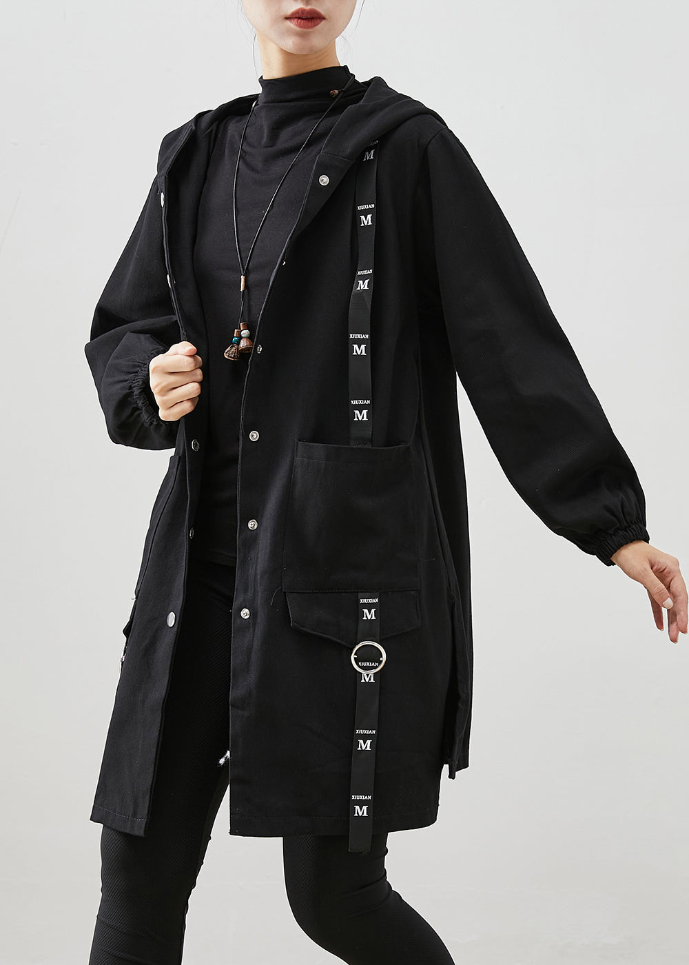 Black Patchwork Cotton Hoodie Trench Coat Oversized Fall