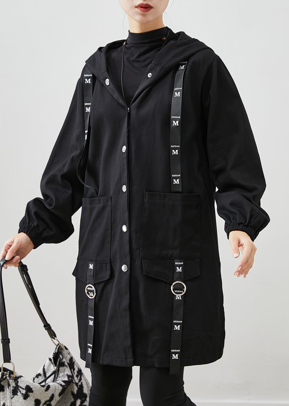 Black Patchwork Cotton Hoodie Trench Coat Oversized Fall