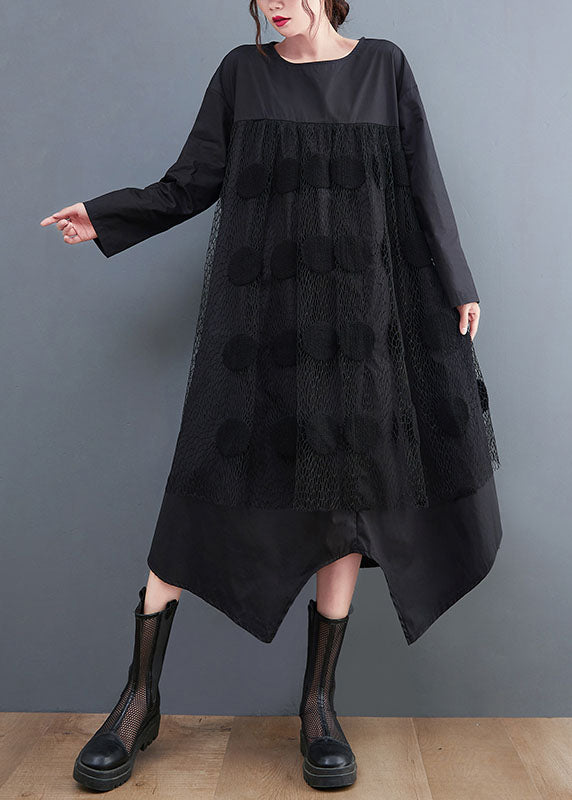Black Patchwork Cotton Maxi Dresses Asymmetrical Spring