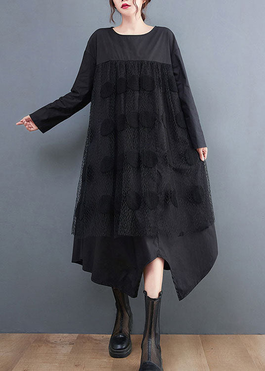 Black Patchwork Cotton Maxi Dresses Asymmetrical Spring