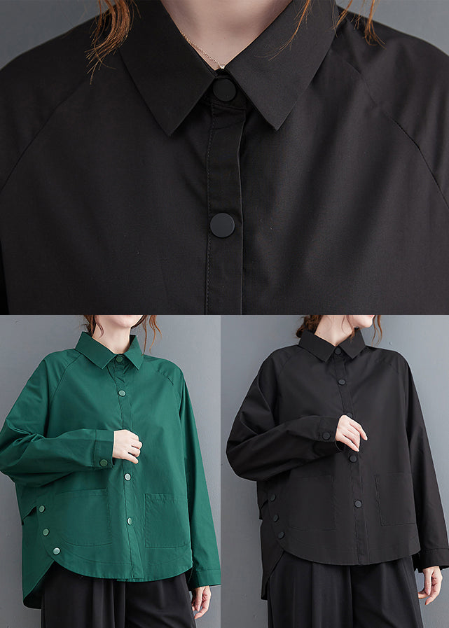 Green-texture Patchwork Cotton Shirt Top Oversized Pockets Fall