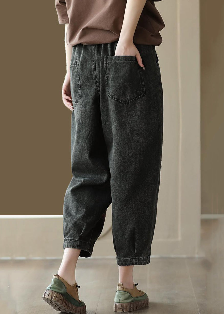 Black Patchwork Denim Loose Crop Pants Elastic Waist