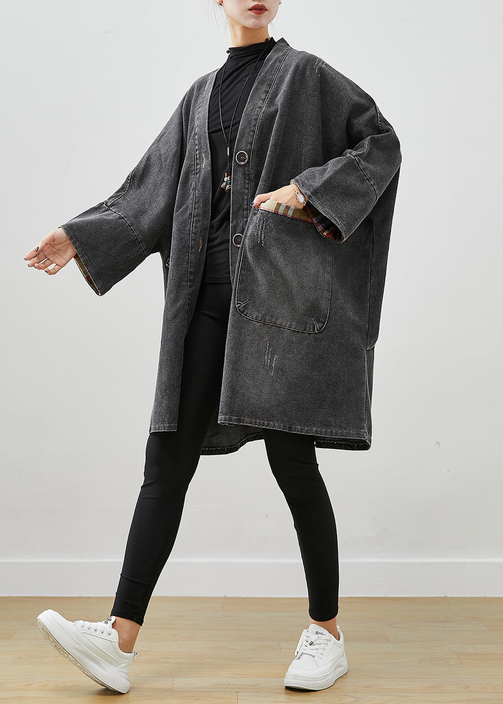 Black Patchwork Denim Trench Coat Outwear Oversized Fall