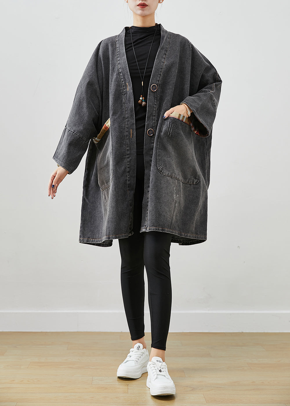 Black Patchwork Denim Trench Coat Outwear Oversized Fall