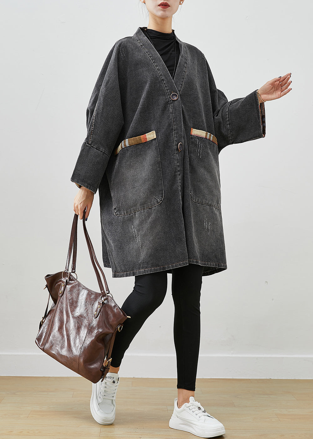 Black Patchwork Denim Trench Coat Outwear Oversized Fall