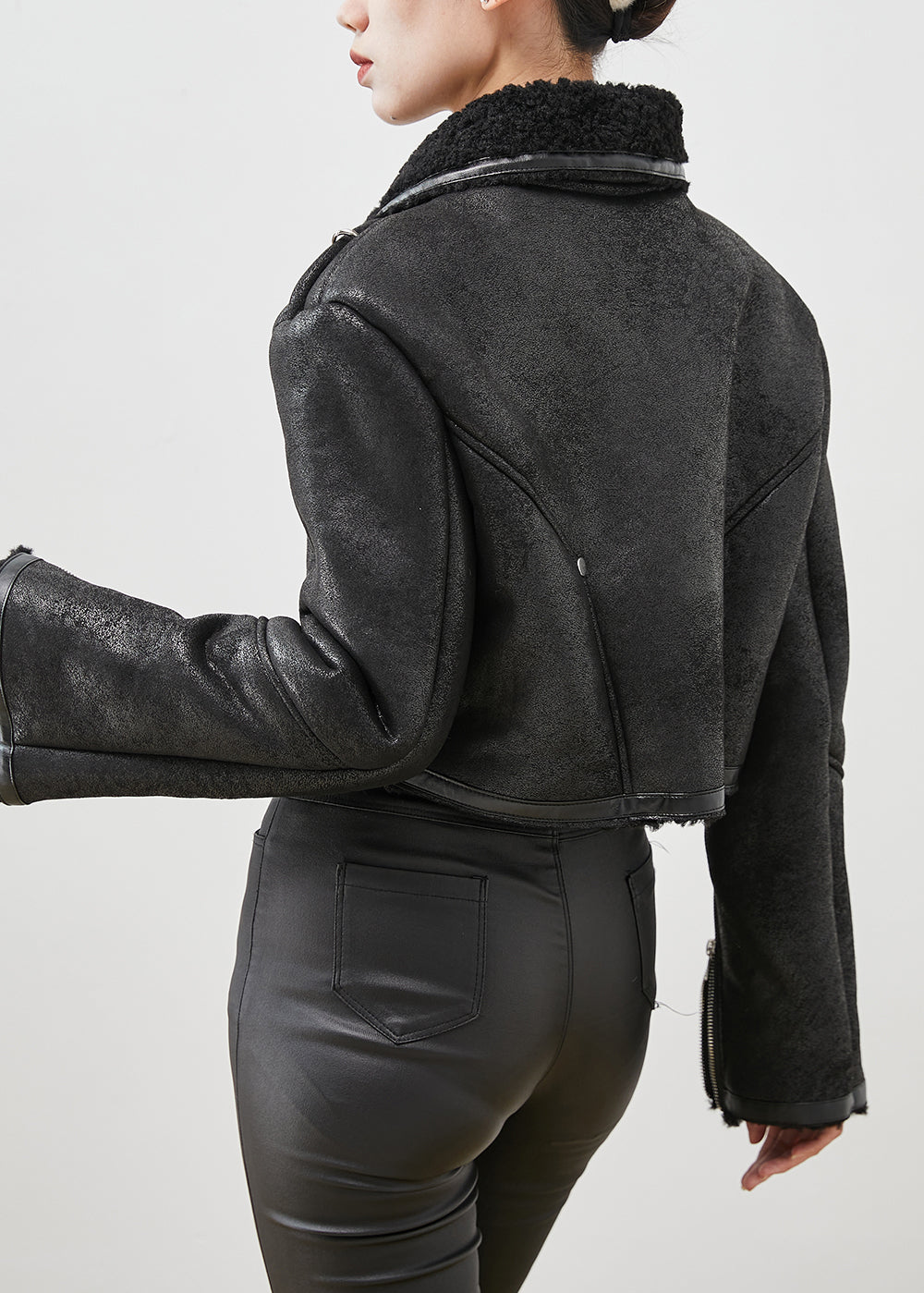 Black Patchwork Faux Fur Jackets Asymmetrical Zippered Winter