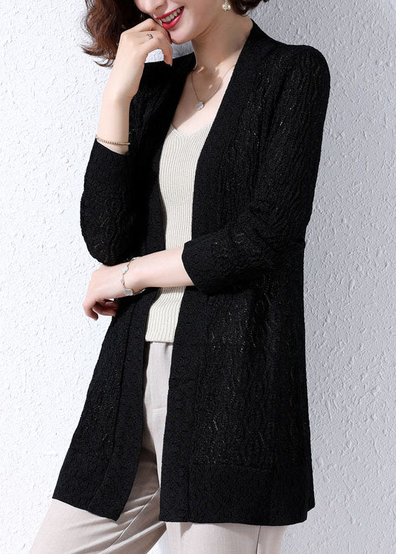 Black Patchwork Knit Women Cardigans Embroideried Hollow Out Fall