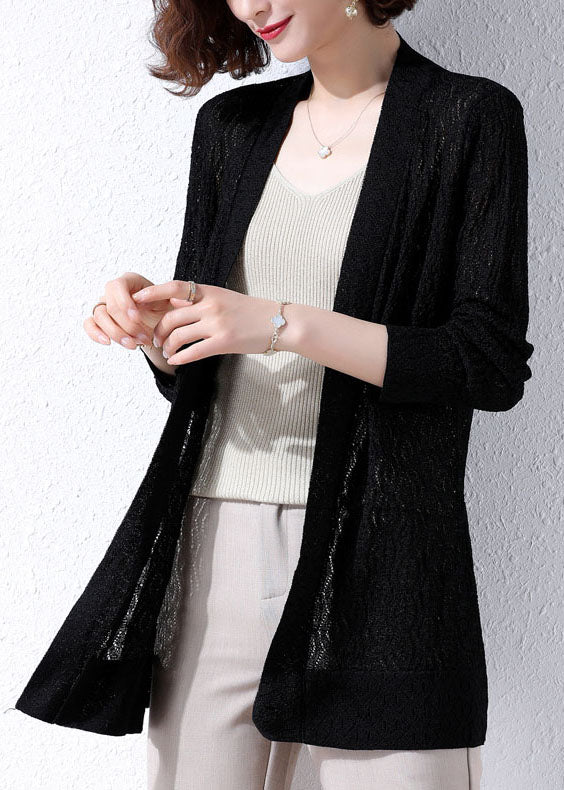 Black Patchwork Knit Women Cardigans Embroideried Hollow Out Fall