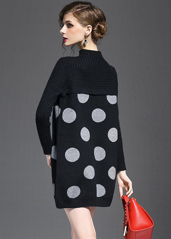 Black Patchwork Knitwear Dress Stand Collar Dot Print Long Sleeve