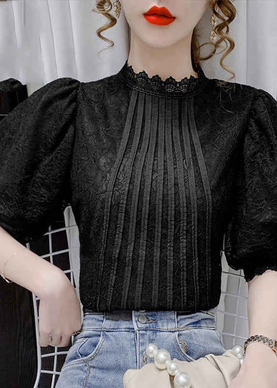 Black Patchwork Lace Tops Hollow Out Wrinkled Puff Sleeve