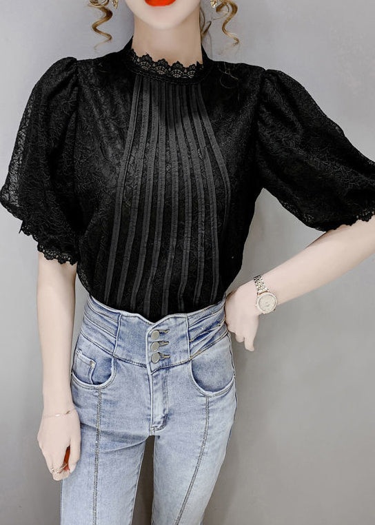 Black Patchwork Lace Tops Hollow Out Wrinkled Puff Sleeve