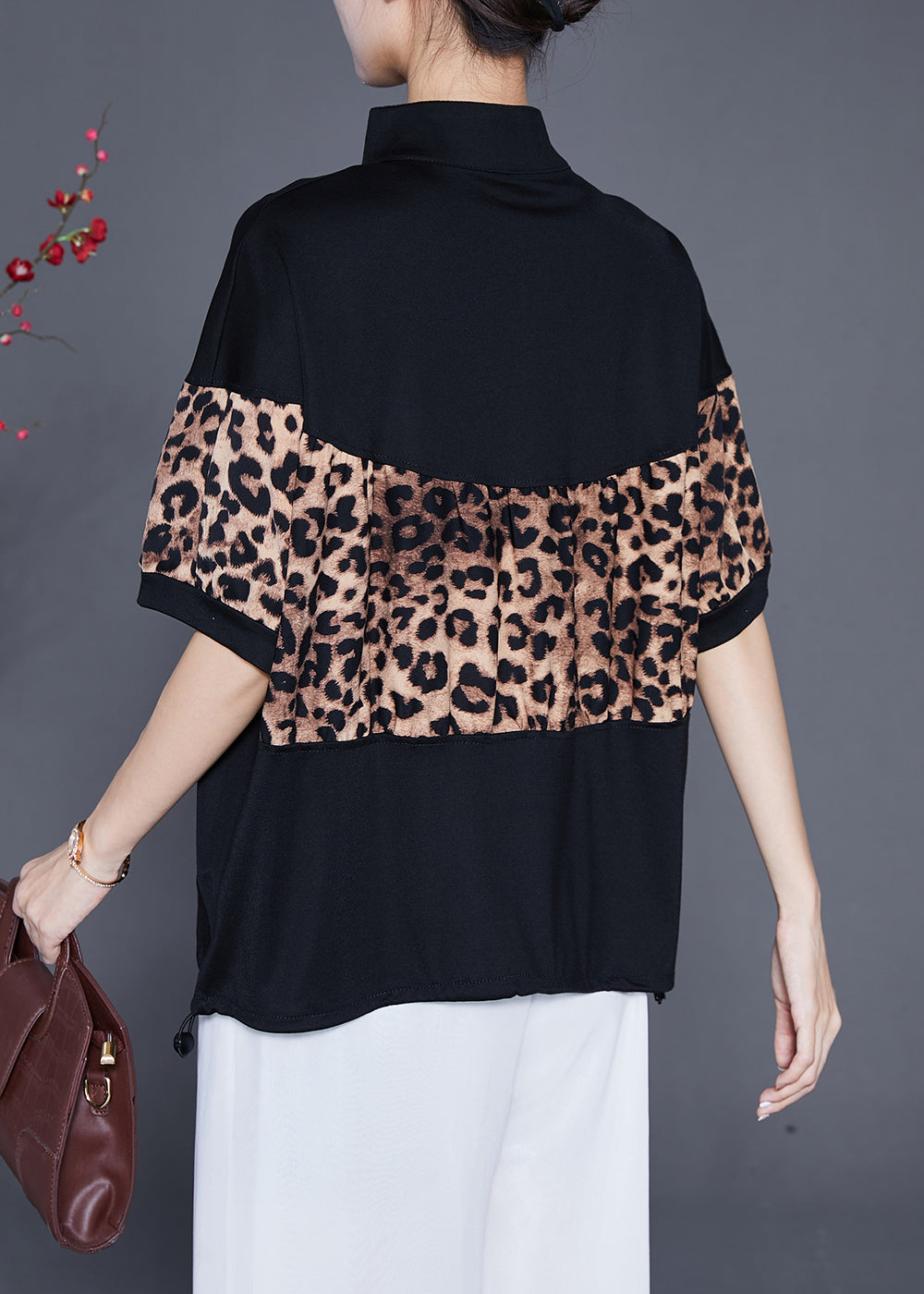 Black Patchwork Leopard Cotton Sweatshirts Top Drawstring Summer