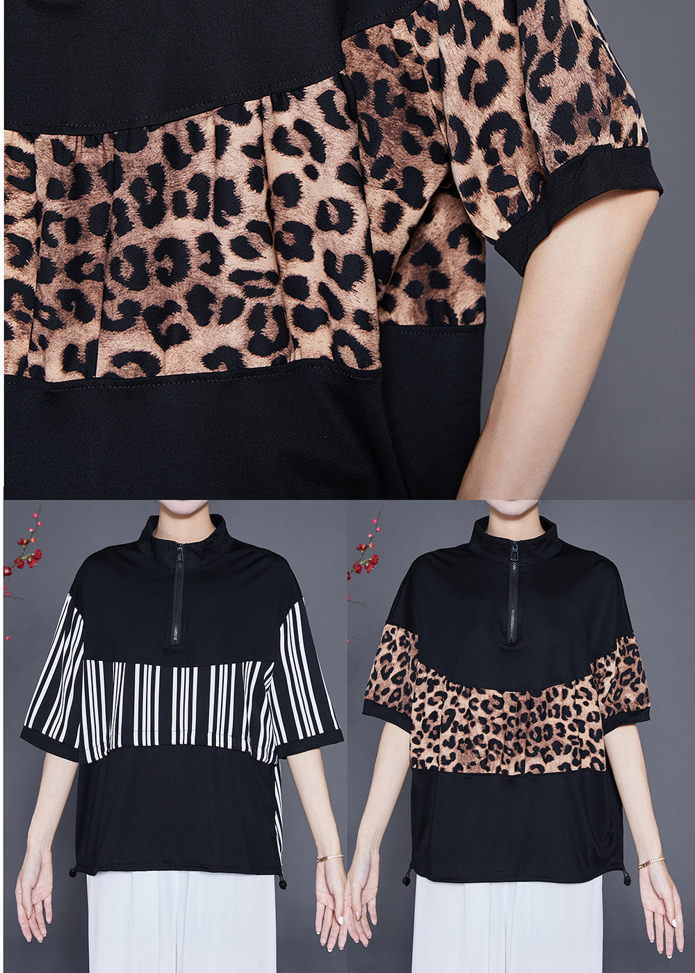 Black Patchwork Leopard Cotton Sweatshirts Top Drawstring Summer