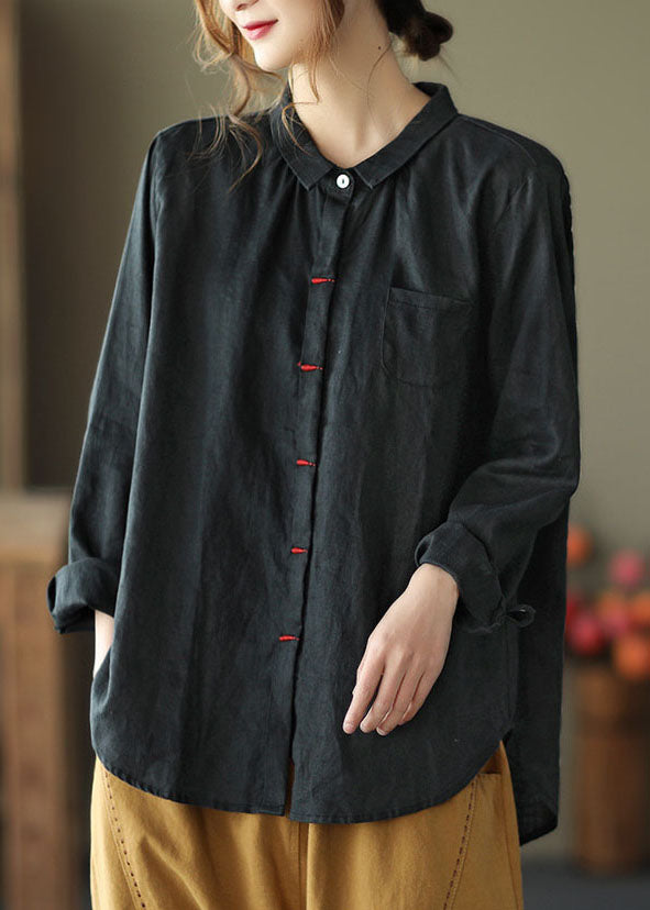 Black Patchwork Linen Shirt Peter Pan Collar Embroideried Spring