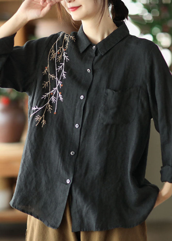 Black Patchwork Linen Shirt Top Embroideried Button Spring