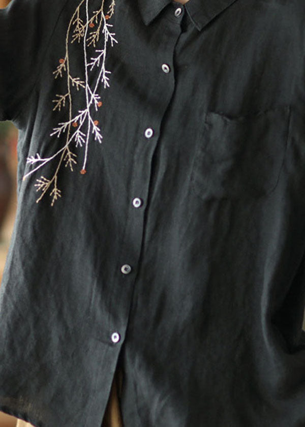 Black Patchwork Linen Shirt Top Embroideried Button Spring