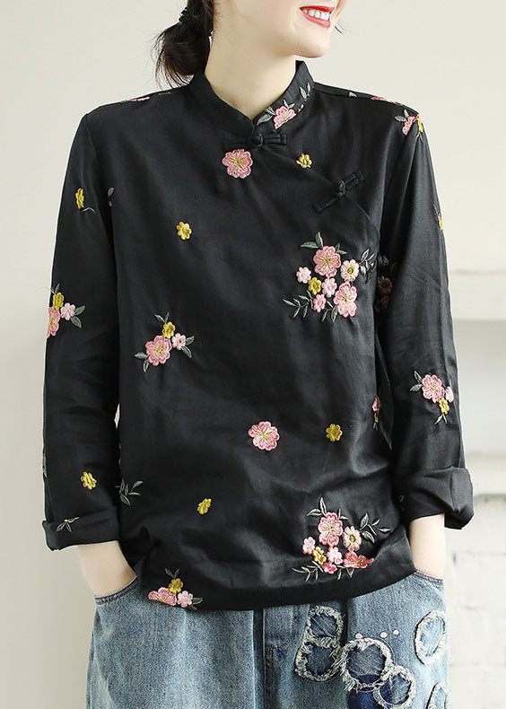 Black Patchwork Linen Shirt Top Embroideried Chinese Button Spring