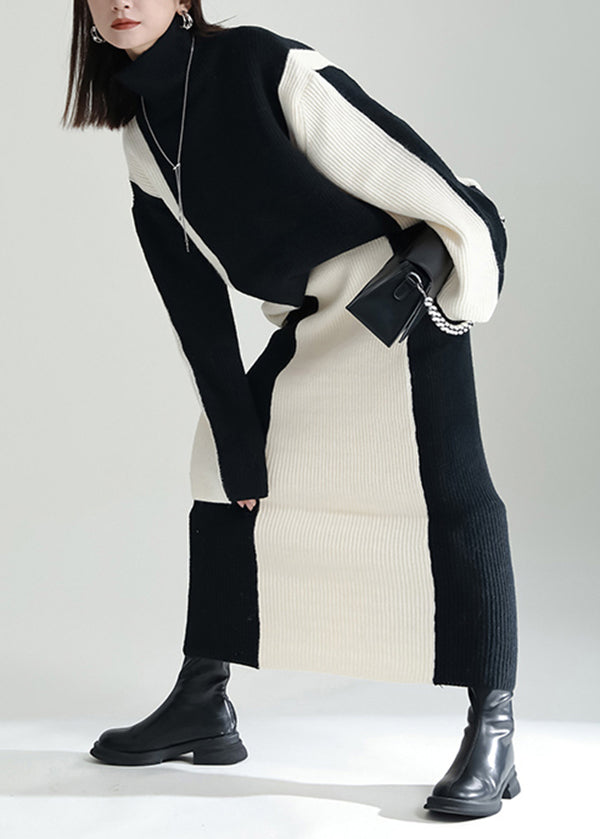 Black Patchwork Loose Knit Two Piece Suit Set Hign Neck Winter