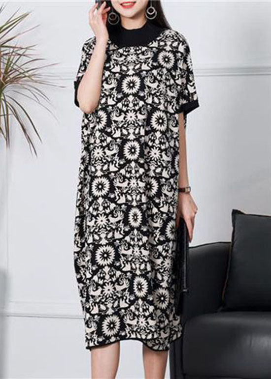 Black Patchwork Print Knit Dress Stand Collar Short Sleeve