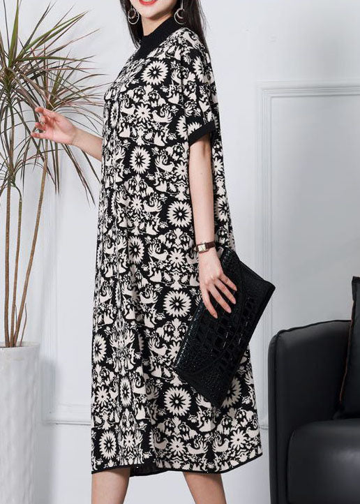 Black Patchwork Print Knit Dress Stand Collar Short Sleeve