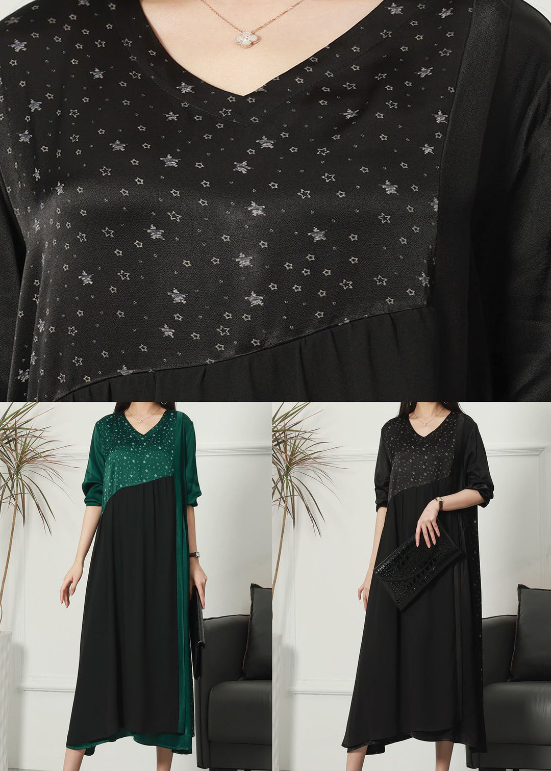 Black Patchwork Print Silk Dresses V Neck Wrinkled Spring