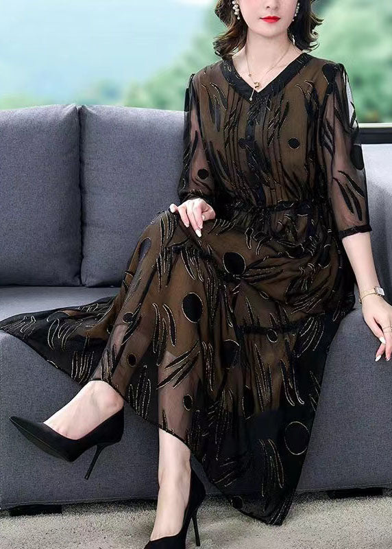 Black Patchwork Silk Dress V Neck Drawstring Wrinkled Summer