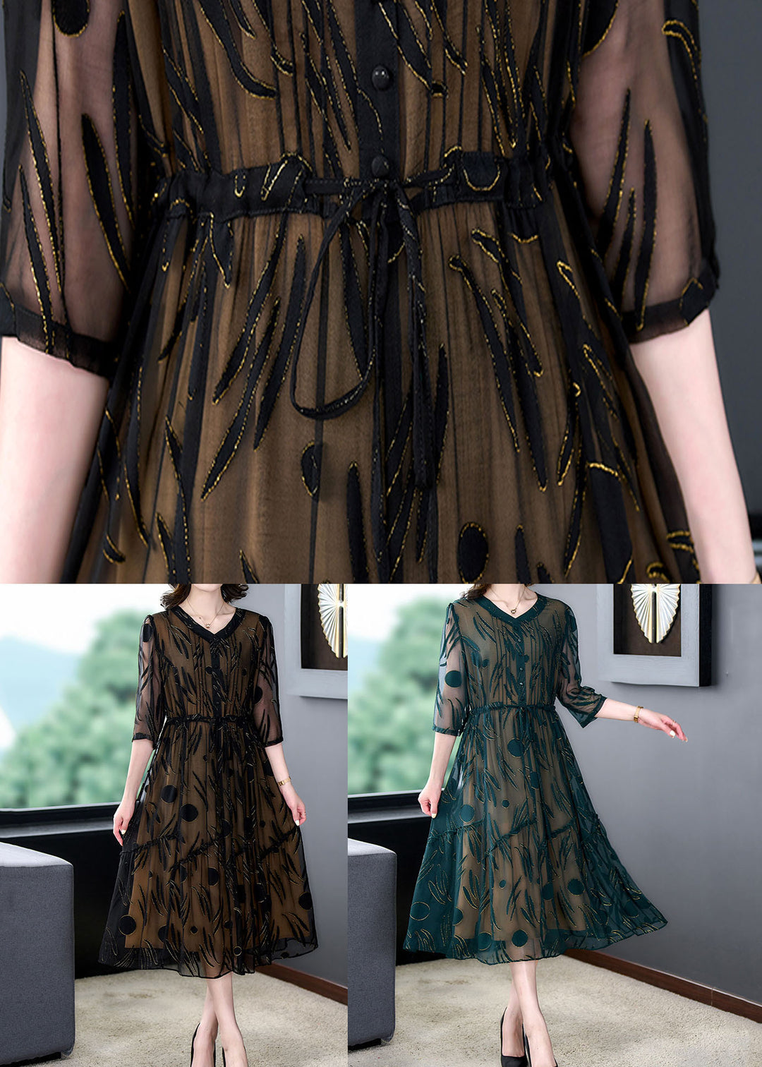 Black Patchwork Silk Dress V Neck Drawstring Wrinkled Summer