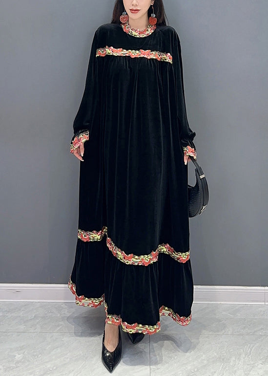 Black Patchwork Silk Velvet Stand Collar Long Dress Spring