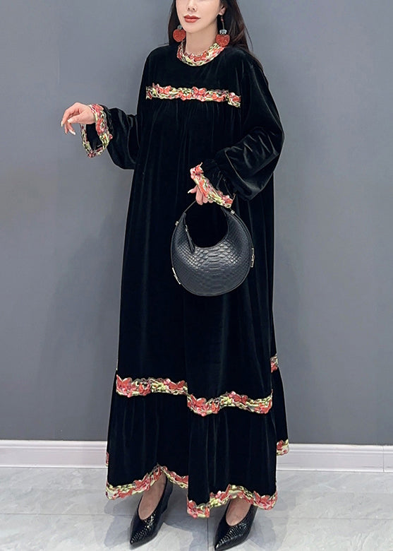 Black Patchwork Silk Velvet Stand Collar Long Dress Spring