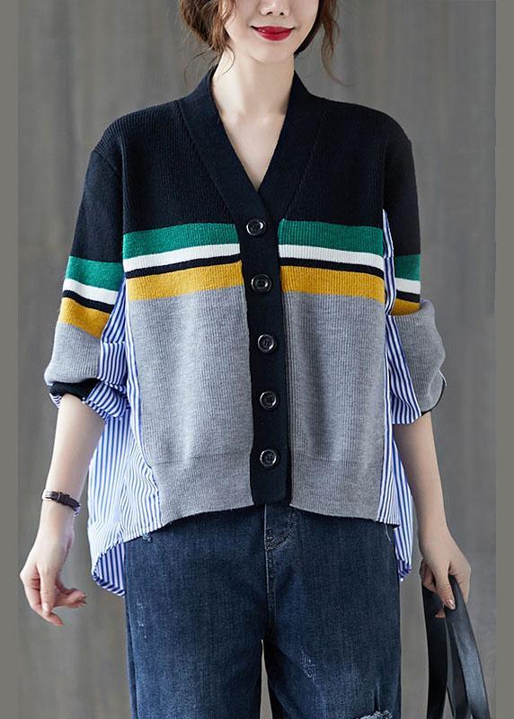 Black Patchwork Striped Button asymmetrical design Fall Knit Sweater - Omychic