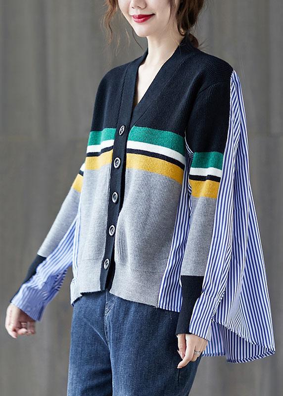 Black Patchwork Striped Button asymmetrical design Fall Knit Sweater - Omychic
