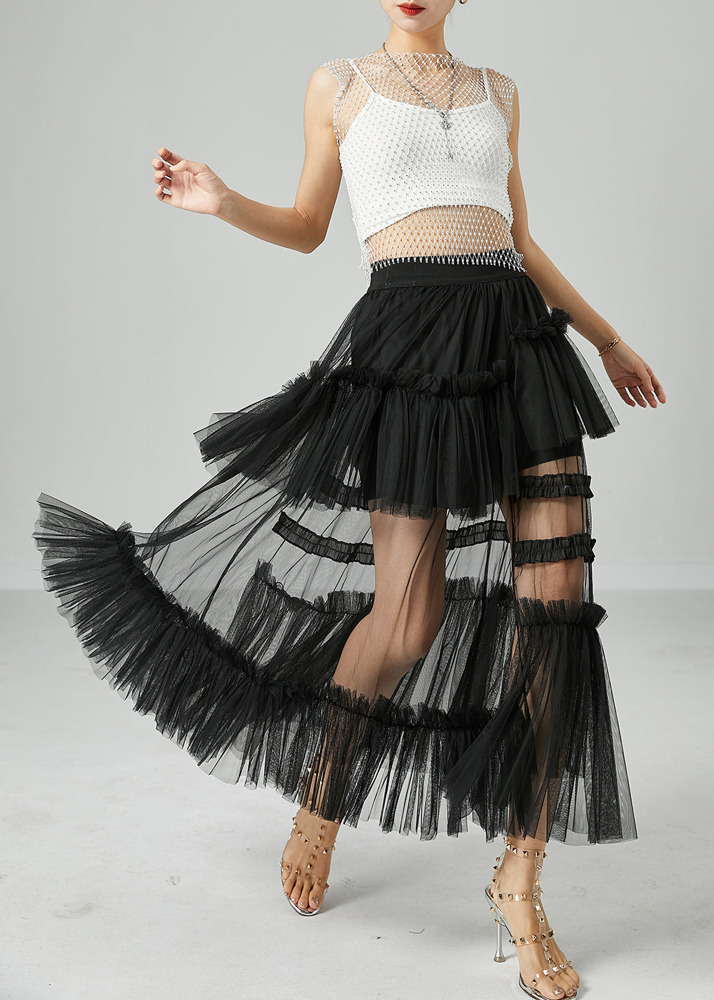 Black Patchwork Tulle A Line Skirts Wrinkled Exra Large Hem Summer